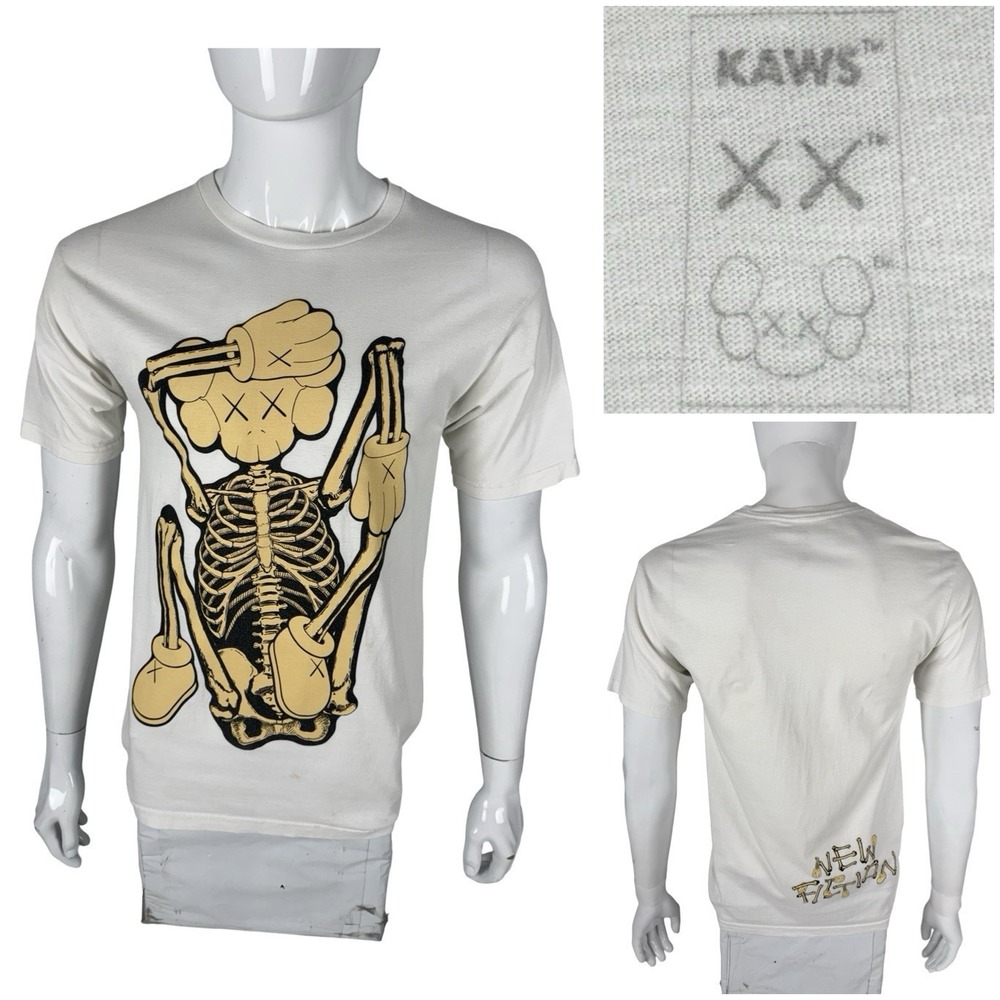 Kaws Skeleton New Fiction Mens Medium Shirt Graphic Tee White 100% Cotton